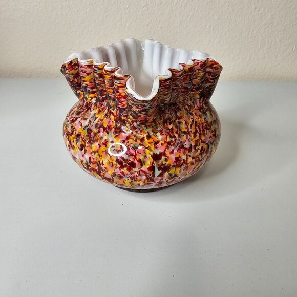 Welz Other - Victorian Franz Welz Spatter Glass Squat Short Crimped Bowl Vase Murrhina 4"